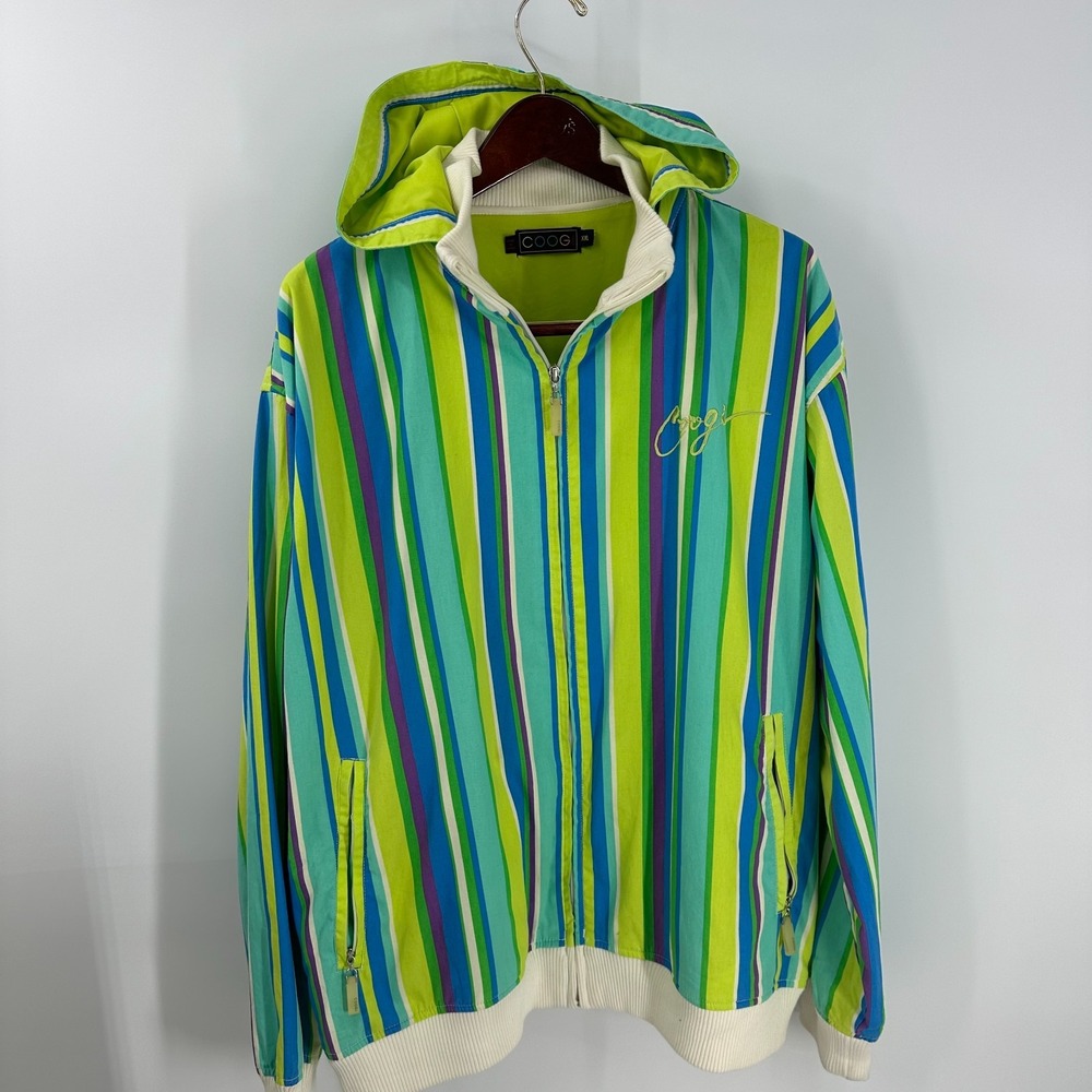 Vintage Coogi Striped Zipped Pockets Hooded Full‎ Zip Jacket Green Blue Size 2XL
